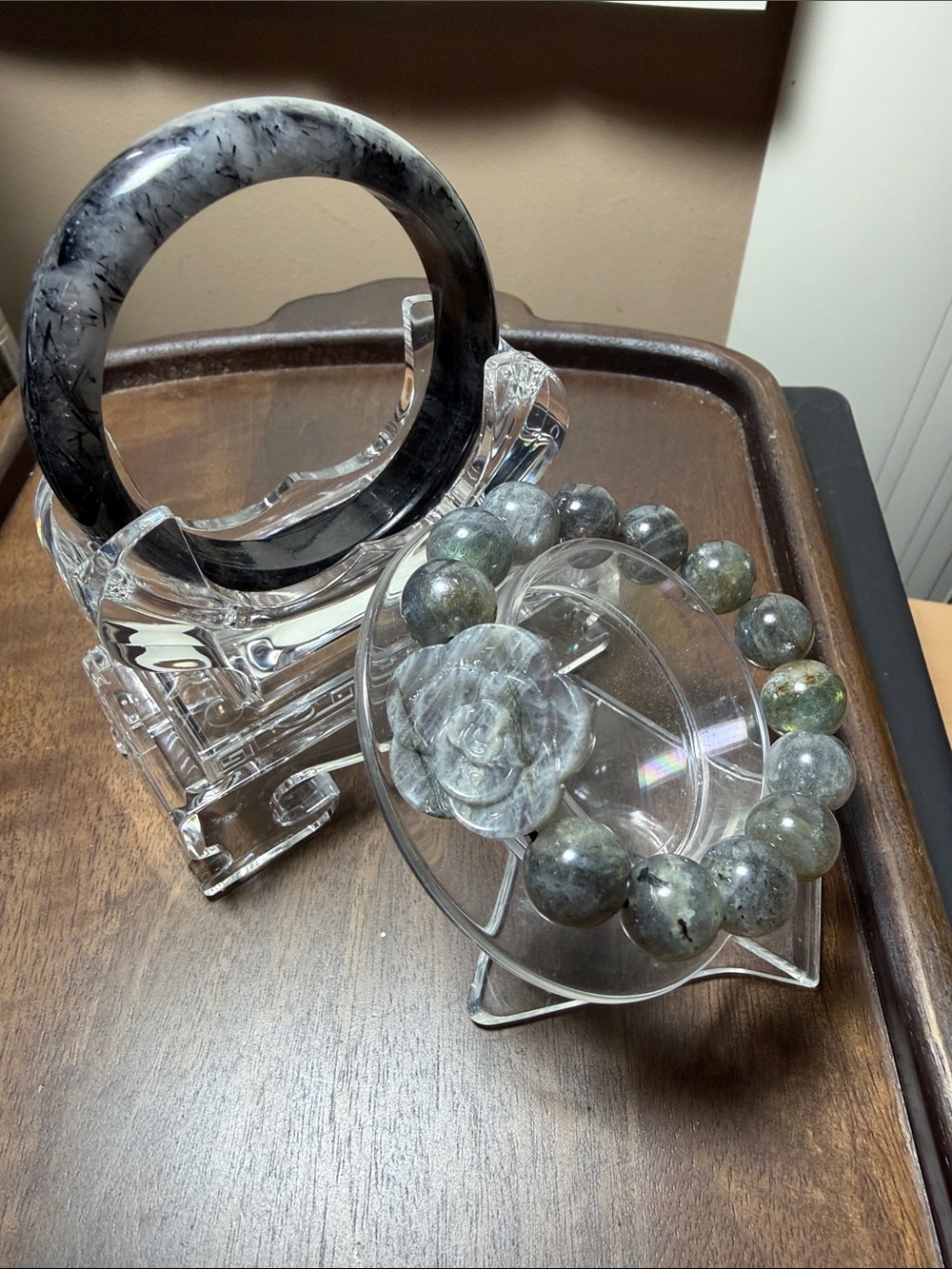 Top quality Labradorite with flower accent  with black rutile Bangle Set